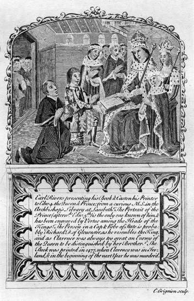 Earl Rivers presenterer boken sin til kong Edward IV, c1477 sent på 1700- eller tidlig på 1800-tallet av Charles Grignion