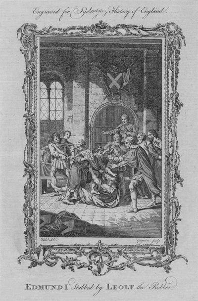 Edmund I knivstukket av røveren Leolf, 1773. av Charles Grignion