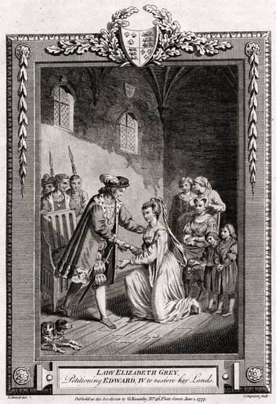 Lady Elizabeth Grey, begjærte Edward IV om å gjenopprette landene hennes, 1400-tallet, 1777 av Charles Grignion