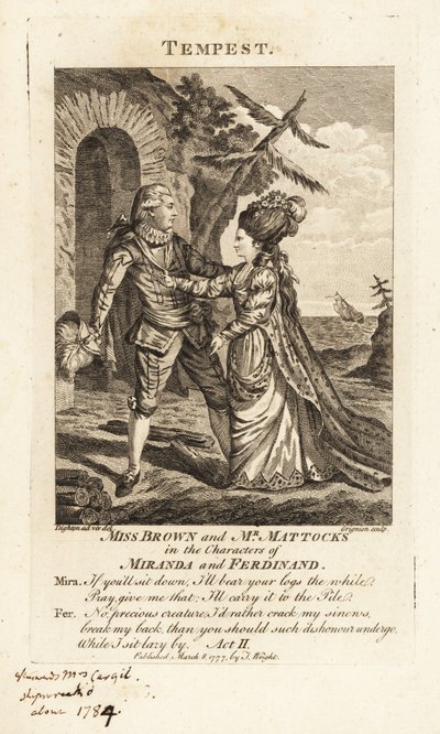 Frøken Ann Brown og Mr George Mattocks i karakterene til Miranda og Ferdinand i en operaversjon av William Shakespeares The Tempest, Covent Garden Theatre av Charles Grignion