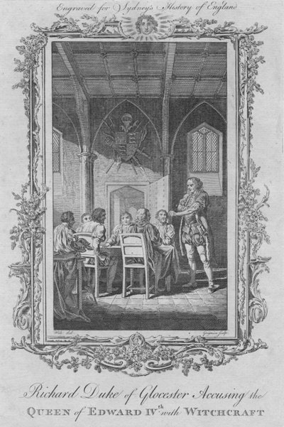 Richard Duke of Gloucester anklager dronningen av Edward IV med hekseri, 1773. av Charles Grignion