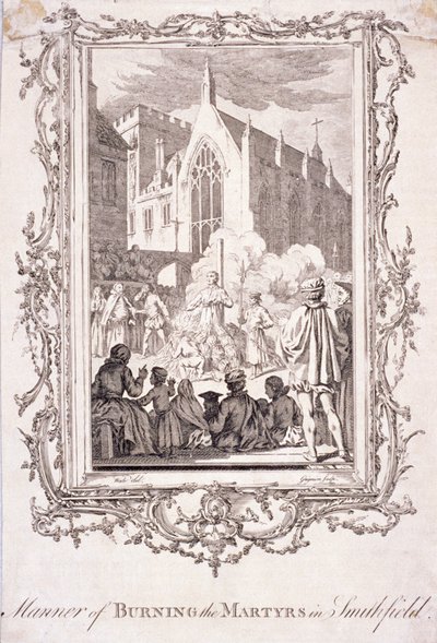 Scene av protestanter som ble brent på Smithfield, 1500-tallet, c1760. av Charles Grignion