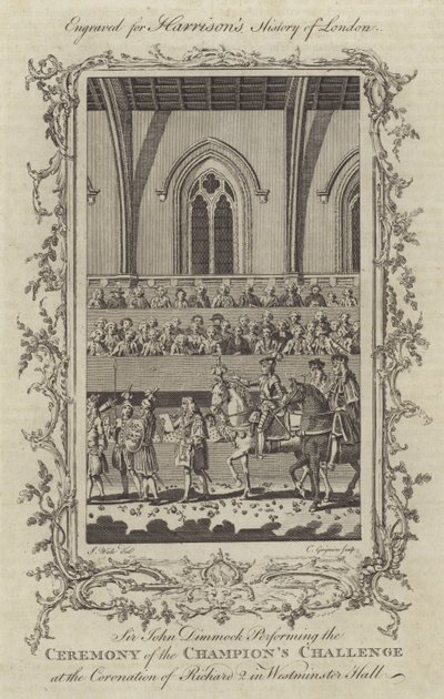 Sir John Dimmock utfører seremonien for Champions Challenge ved Coronation of Richard II i Westminster Hall, 1377 av Charles Grignion