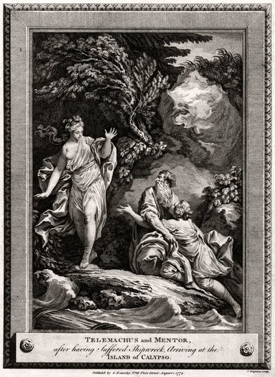 Telemachus og Mentor, etter å ha lidd et forlis, ankommer øya Calypso, 1774 av Charles Grignion