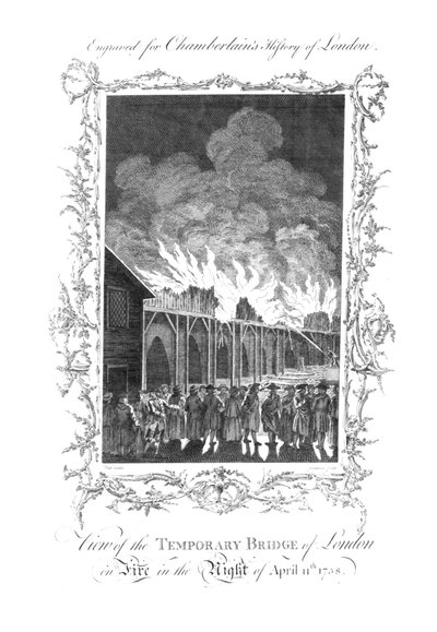 Utsikt over den midlertidige broen i London i brann...1758., c1770 av Charles Grignion