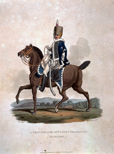 En menig av de 18. lette dragoner (Hussars) fra 'Costumes of the Army of the British Empire, ifølge de siste forskriftene 1812', gravert av JC Stadler, utgitt av Colnaghi und Co. 1812-15 av Charles Hamilton Smith