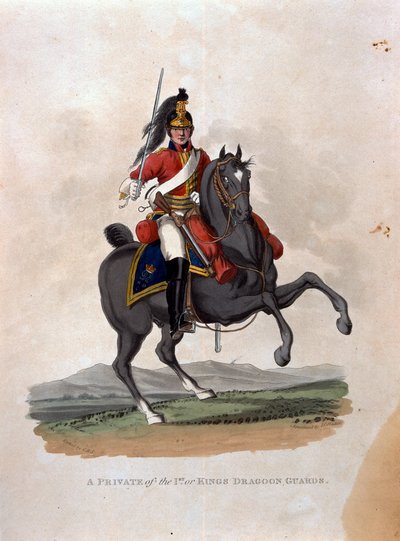 En menig av den første, eller King's Dragoon Guards, fra 'Costumes of the Army of the British Empire, ifølge de siste forskriftene 1812', gravert av JC Stadler, utgitt av Colnaghi und Co. 1812-15 av Charles Hamilton Smith