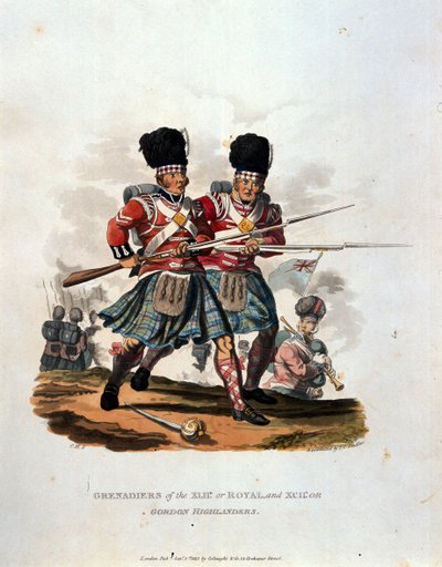 Grenadierer av 42. (eller kongelige) og 141. eller, Gordon Highlanders, fra 'Costumes of the Army of the British Empire, ifølge de siste forskriftene 1812', gravert av JC Stadler, utgitt av Co av Charles Hamilton Smith