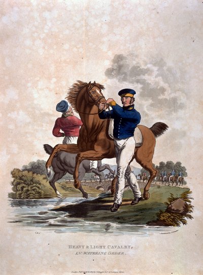 Heavy and Light Cavalry in Watering Order, fra 'Costumes of the Army of the British Empire, if the last Regulations 1812', gravert av JC Stadler, utgitt av Colnaghi und Co. 1812-15 (kol. av Charles Hamilton Smith