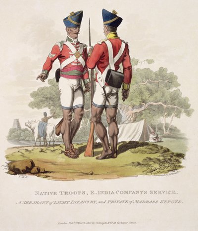 Innfødte tropper i det østindiske kompaniets tjeneste: en sersjant for lett infanteri og en menig fra Madras Sepoys, gravert av Joseph Constantine Stadler, 1815 (akvatint) av Charles Hamilton Smith