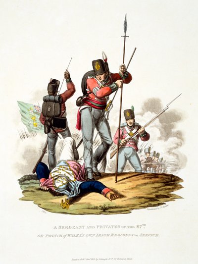 Uniform of a Sargeant and Privates of the 87th eller Prince of Wales's own Irish Regiment on Service, fra 'Costume of the British Empire, if the Last Regulations', utgitt 1813 (håndfarge) av Charles Hamilton Smith