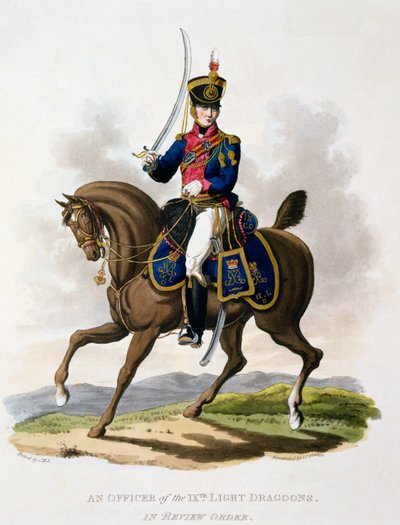 Uniform of an Officer of the 9th Light dragoons in Review Order, fra 'Costume of the British Empire, according to the Last Regulations', publisert 1812-15 (håndfarget akvatint) av Charles Hamilton Smith