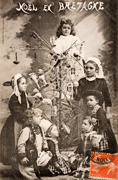 Gammelt postkort/God jul/De kloke barna/Bretagne/Frankrike av Augustus Kollner