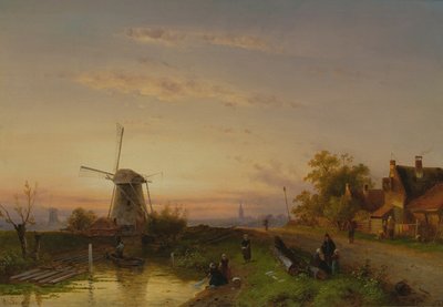 Vindmølle ved solnedgang av Charles Henri Joseph Leickert