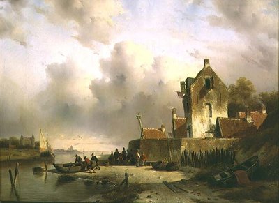 En elvemunning med fiskere ved en kai av Charles Henri Joseph Lieckert