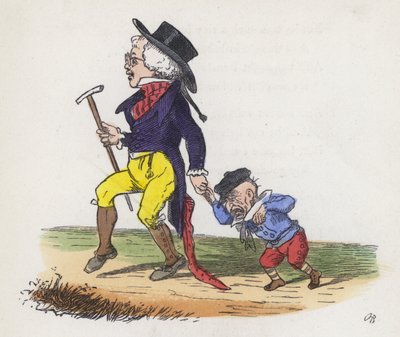 En liten gutts drøm om at han og bestefaren bytter steder (farget gravering) av Charles Henry (after) Bennett