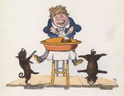 Gutt spiser en pai mens hunden hans utfører akrobatiske bragder (farget gravering) av Charles Henry (after) Bennett