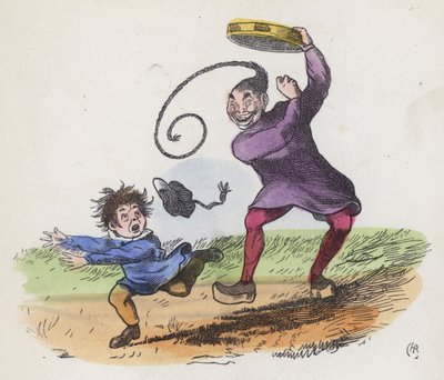 Gutt skremt av en kineser som spiller en tamburin (farget gravering) av Charles Henry (after) Bennett