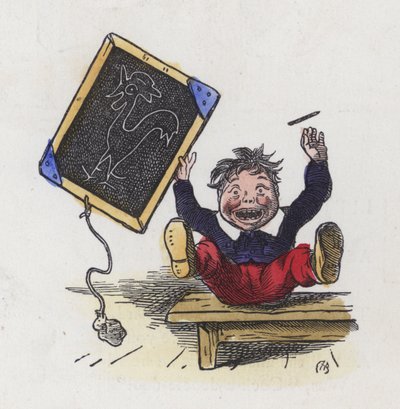 Gutt med et bilde av en hane tegnet på en tavle (farget gravering) av Charles Henry (after) Bennett