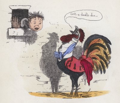 Gutt vekket av en hane som galer (farget gravering) av Charles Henry (after) Bennett