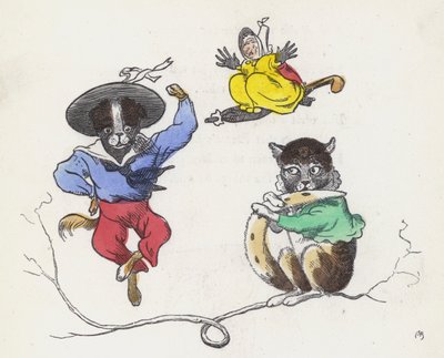 Dame Trottypeg og kjæledyret hennes katt og hund (farget gravering) av Charles Henry (after) Bennett