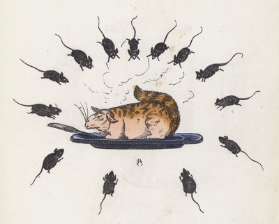 Fråts katt på en tallerken omgitt av sultne mus (farget gravering) av Charles Henry (after) Bennett