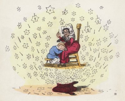 Liten gutt drømmer på sykepleierens fang (farget gravering) av Charles Henry (after) Bennett