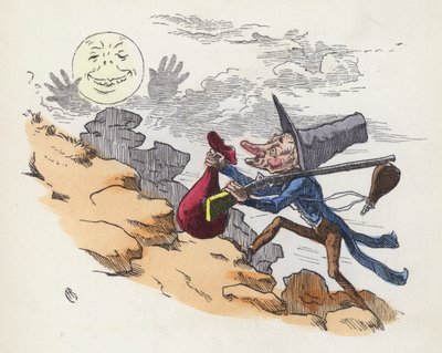 Mann som klatrer en bakke for å skyte på månen (farget gravering) av Charles Henry (after) Bennett