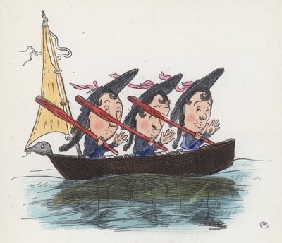 Tre sjømenn i en båt (farget gravering) av Charles Henry (after) Bennett