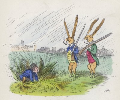 To antropomorfe kaniner på jakt (farget gravering) av Charles Henry (after) Bennett