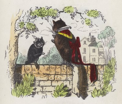 To katter på en hagevegg (farget gravering) av Charles Henry (after) Bennett