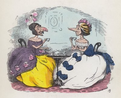 To kvinner med store neser som drikker te (farget gravering) av Charles Henry (after) Bennett