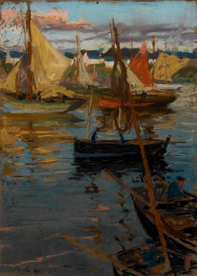 En kveldsglød med en rosesti i skyggen (Boats Concarneau) av Charles Henry Fromuth