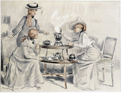 Damer som tar te rundt en liten samovar - tegning av Henri Tenré, ca. 1910 av Charles Henry Tenre