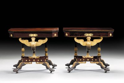 To klassiske utskårne kortbord, ca. 1815 (pakkeforgylt palisander) av Charles Honore Lannuier