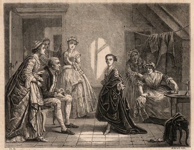 Mademoiselle Clairons barndom: den unge Claire-Josephe (Claire Josephe) Leris (1723-1803) resiterer versene i stykket hun nettopp har sett. Hun ble komiker under navnet "Mademoiselle Clairon" eller ""La Clairon". Gravering av 1862 fra maleriet av Charles Housez