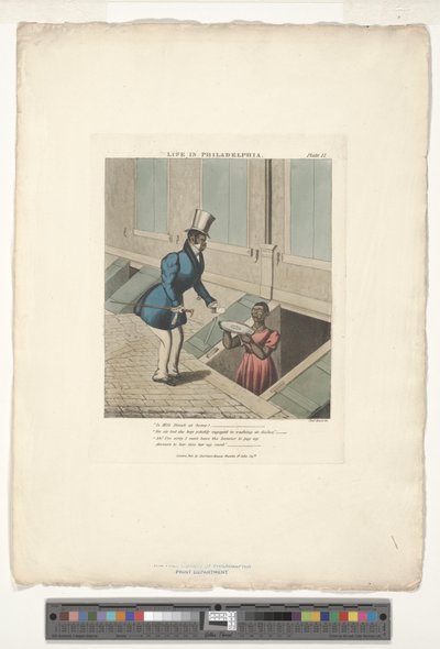 Calling on Mifs Dinah, plate nummer 11 av 20, tilpasset fra Life in Philadelphia Edward W. Clay (1799-1857) av Charles Hunt
