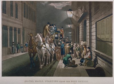 Postbuss utenfor General Post Office, Lombard Street, City of London, 1827 av Charles Hunt