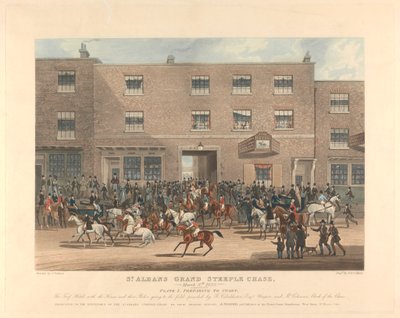 Steeple-chasing [sett med seks]: St. Albans Grand Steeple Chase. / 8. mars 1832. Plate 1. Forbereder til start ... av Charles Hunt