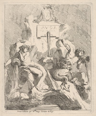 Design for en fontene med en sittende nymfe til venstre og triton som holder et skall mot munnen ..., 1768. av Charles Hutin