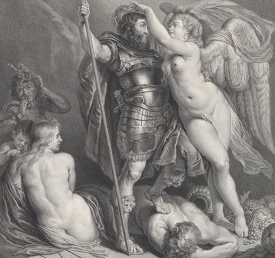 Helt kronet av Victory, som legger en laurbærkrans på hodet hans, Venus og Amor ved..., ca. 1735-61. av Charles Hutin