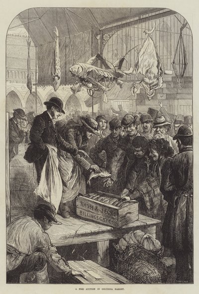 En fiskeauksjon i Columbia Market (gravering) av Charles J. (after) Staniland