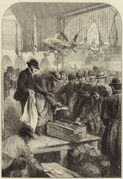 En fiskeauksjon i Columbia Market av Charles J. Staniland