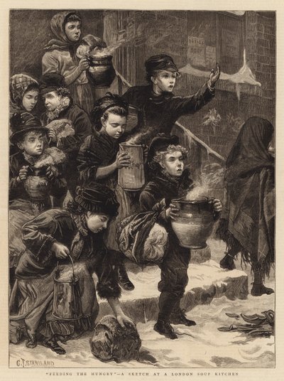 Feeding the Hungry, en skisse på et suppekjøkken i London av Charles J. Staniland