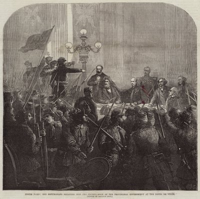Inne i Paris bryter røde republikanere seg inn i rådsrommet til den provisoriske regjeringen på Hotel De Ville av Charles J. Staniland