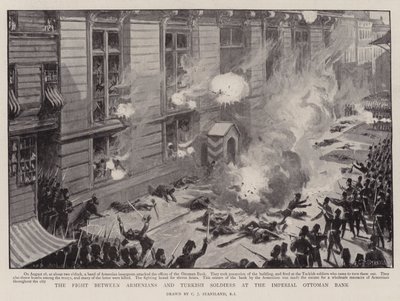 Kampen mellom armenere og tyrkiske soldater ved den keiserlige osmanske banken av Charles J. Staniland