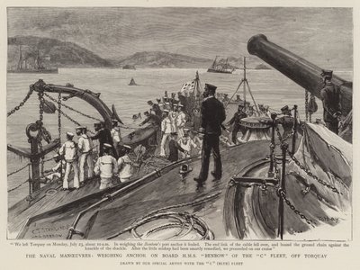 Sjømanøvrene, veier anker om bord på HMS Benbow fra C Fleet, utenfor Torquay av Charles J. Staniland