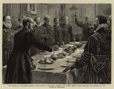 Åpningen av parlamentet, Yeomen av Hennes Majestets kroppsvakt drikker dronningens helse etter å ha gjennomsøkt kjelleren i parlamentets hus av Charles J. Staniland