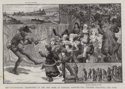 100-årsfeiringen av Pied Piper i Hamelin, Hannover, barna følger Piper av Charles J. Staniland