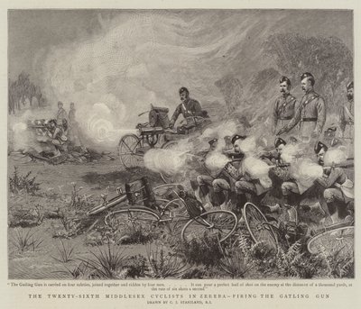 De 26. Middlesex-syklistene i Zereba avfyrer Gatling Gun av Charles J. Staniland